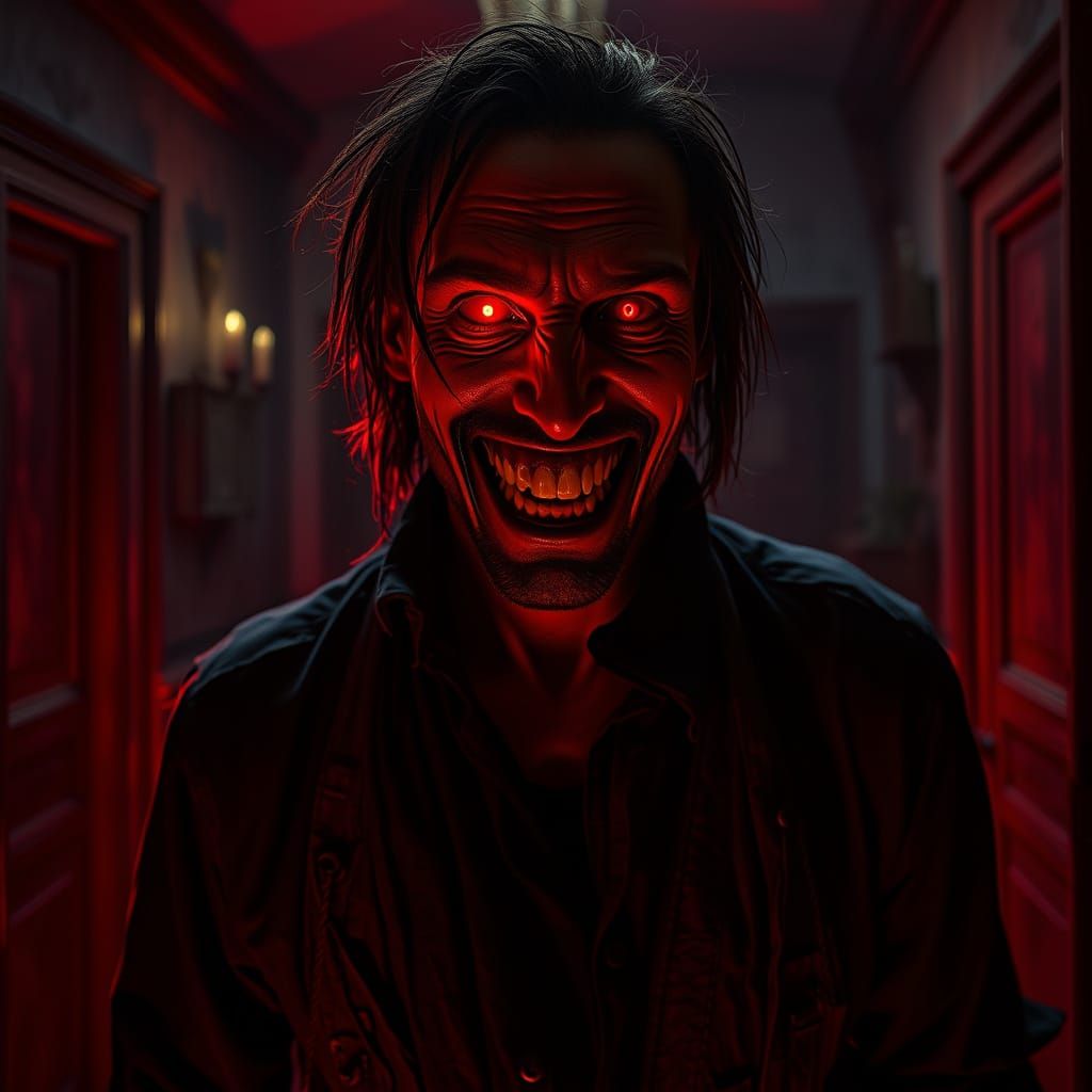 Eerie Portrait: Bloody Man with Red Eyes in Gothic Setting