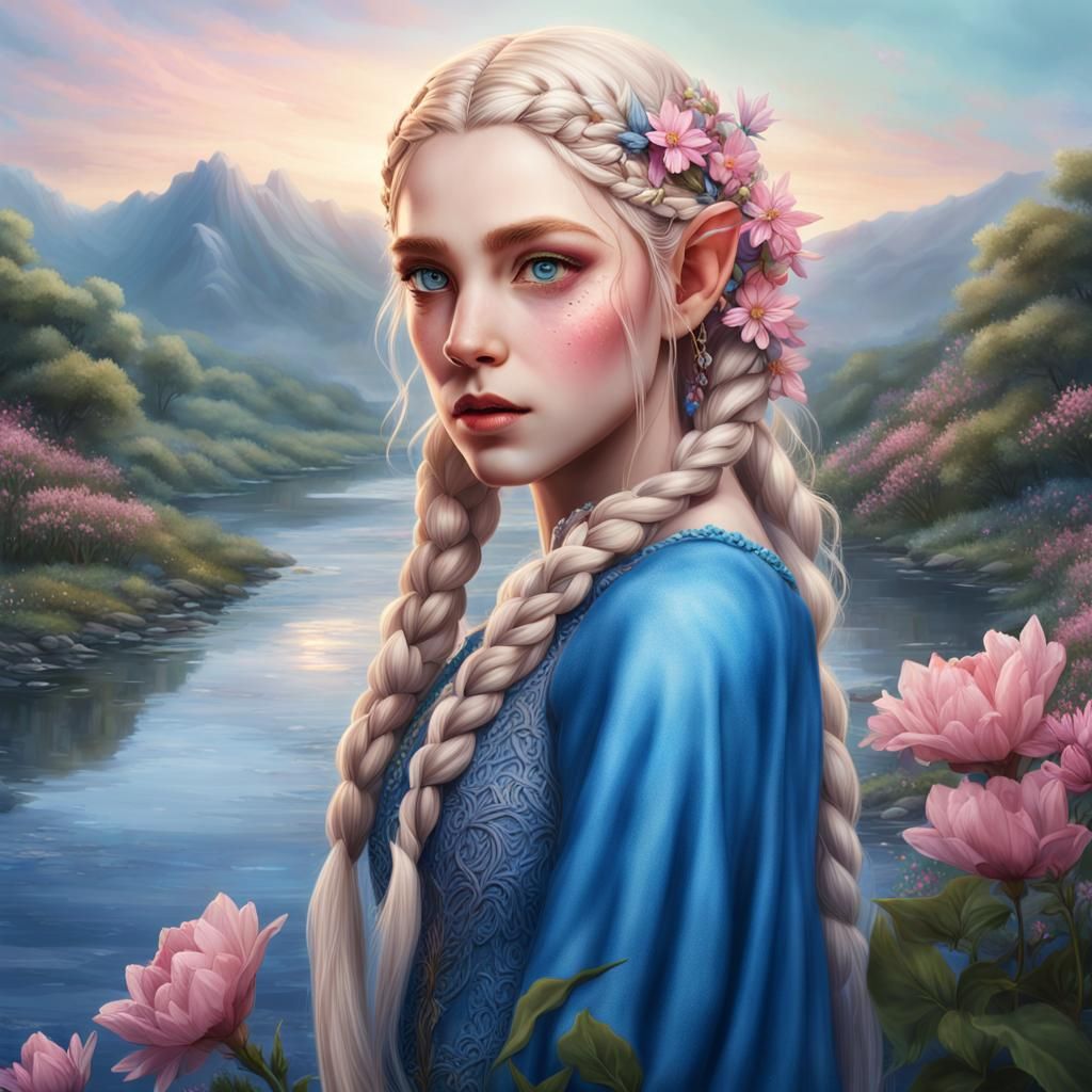 Blonde Elf Woman with Braids, Hyperrealistic Portrait