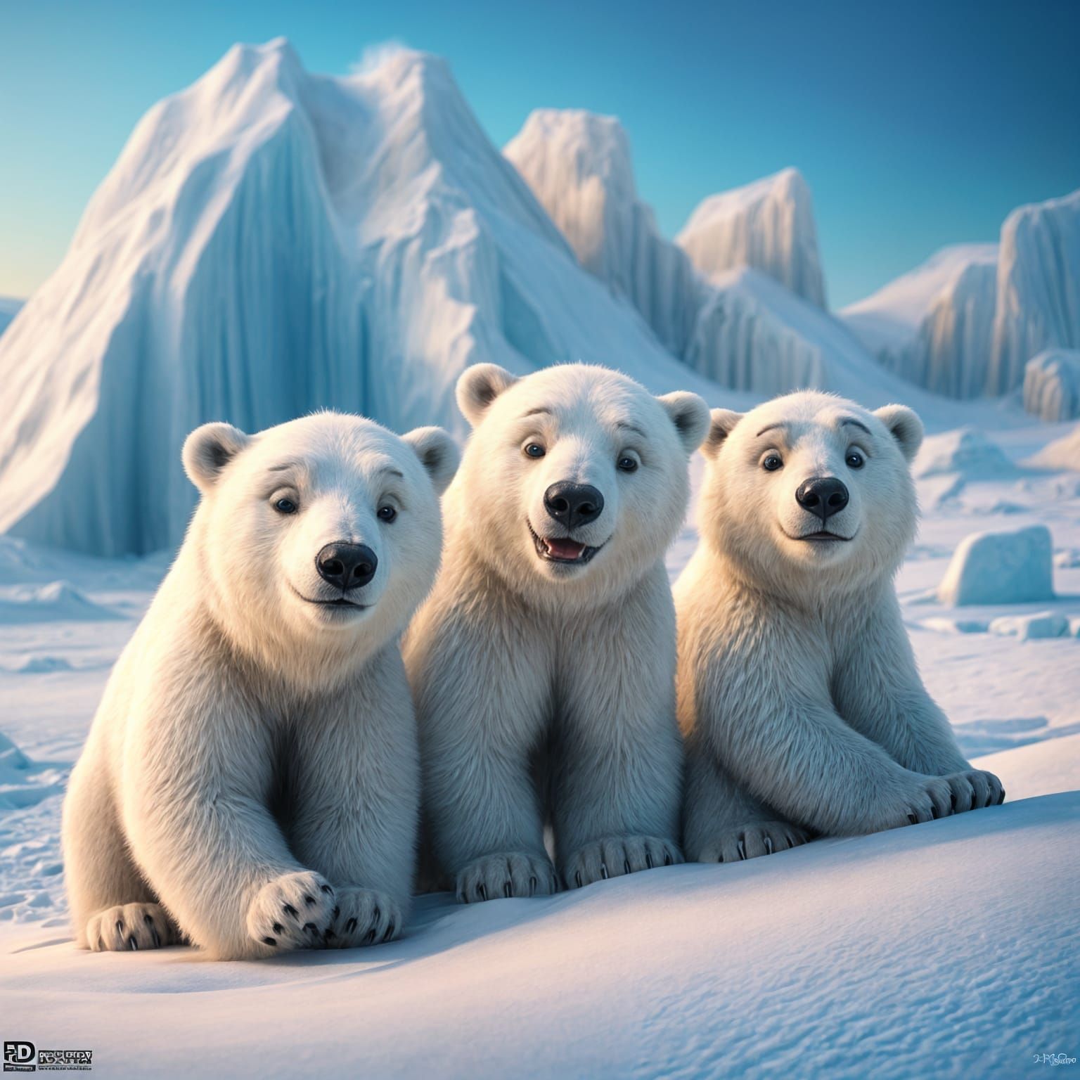 Cute Polar Bear Cubs in Arctic: 3D Digital Art
