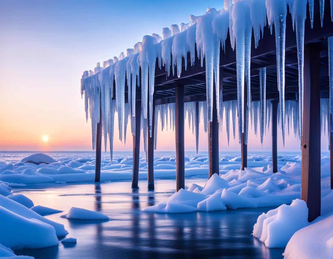 Icy Pier at Magic Hour on Lake Michigan