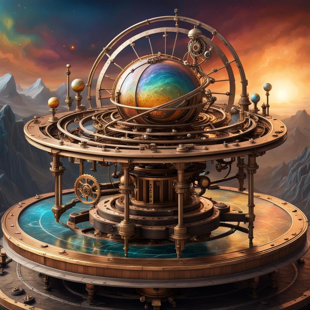 Mountaintop Steampunk Orrery: Hyperrealistic Concept Art
