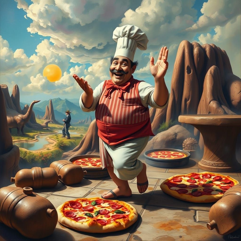 Cheerful Chef Dances Amidst Surreal Pizza Landscape