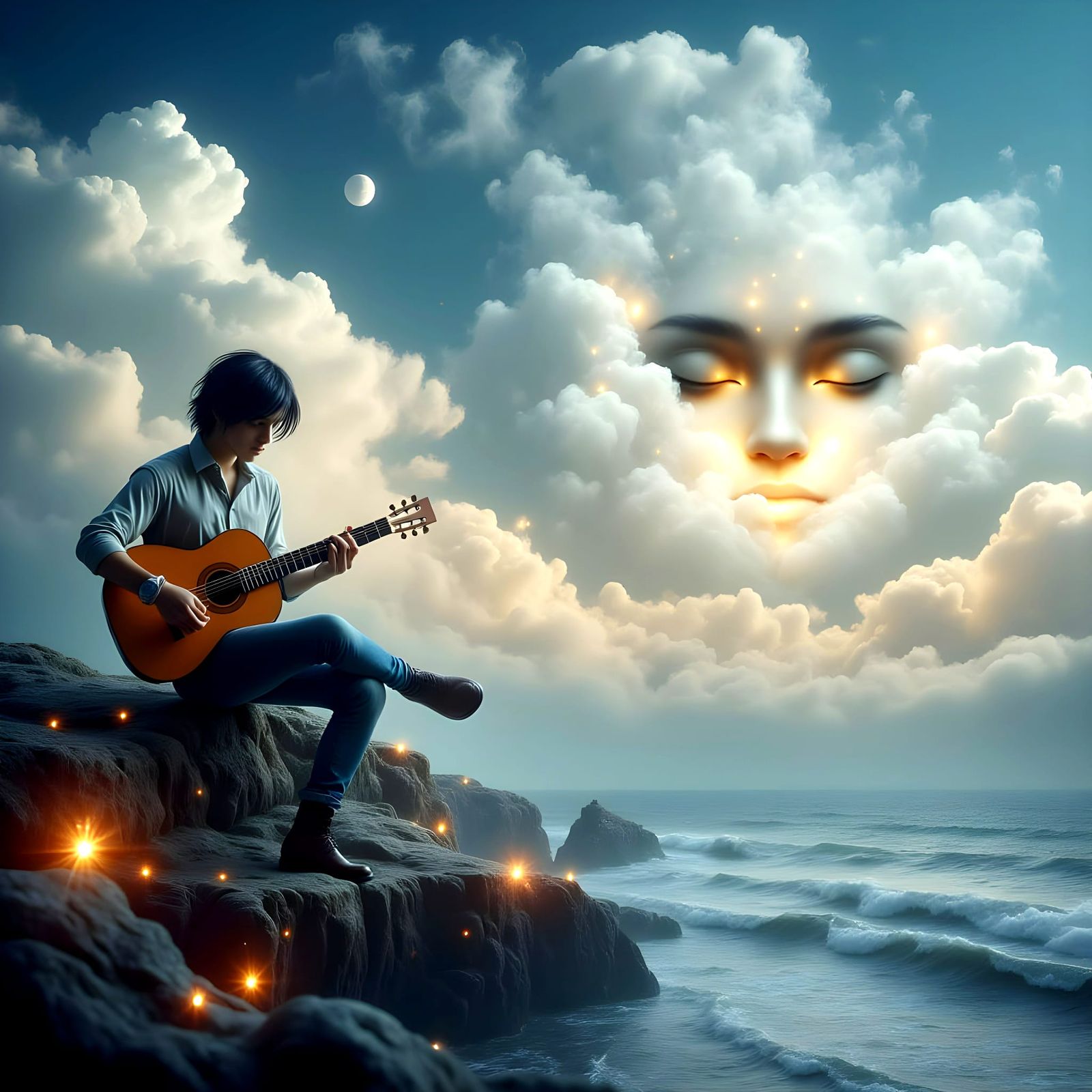 Serenely Ethereal Musician Plays Guitar on Cliffs as Musical...
