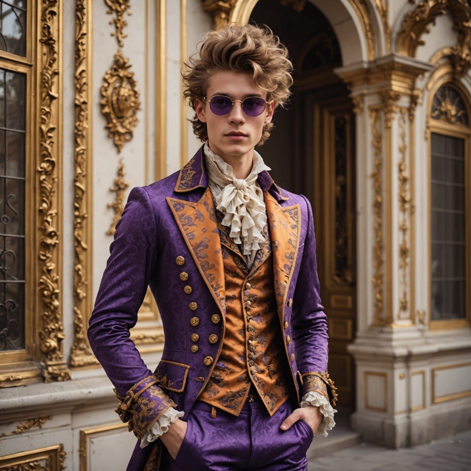 Handsome Young Man in Rococo-Inspired Suit Strolls Through C...