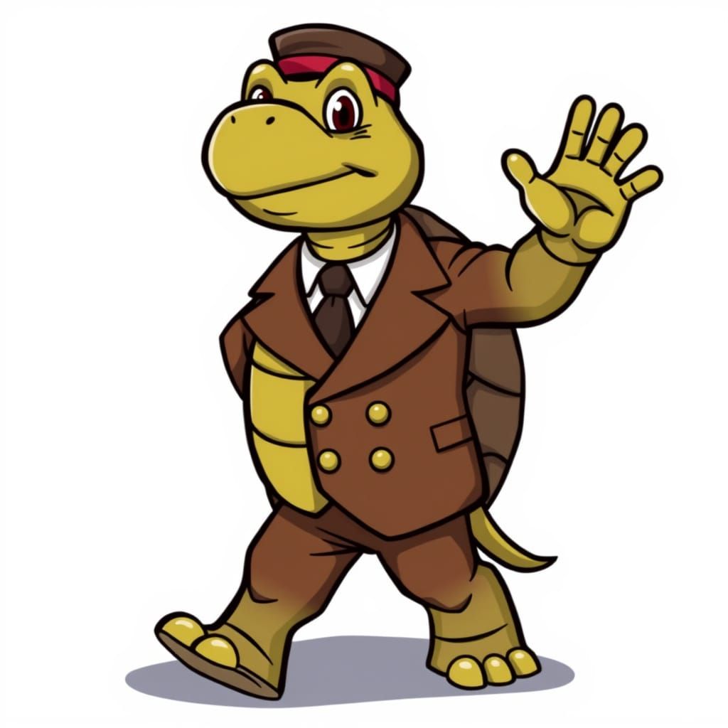 Cartoon Turtle Waving in Brown Suit