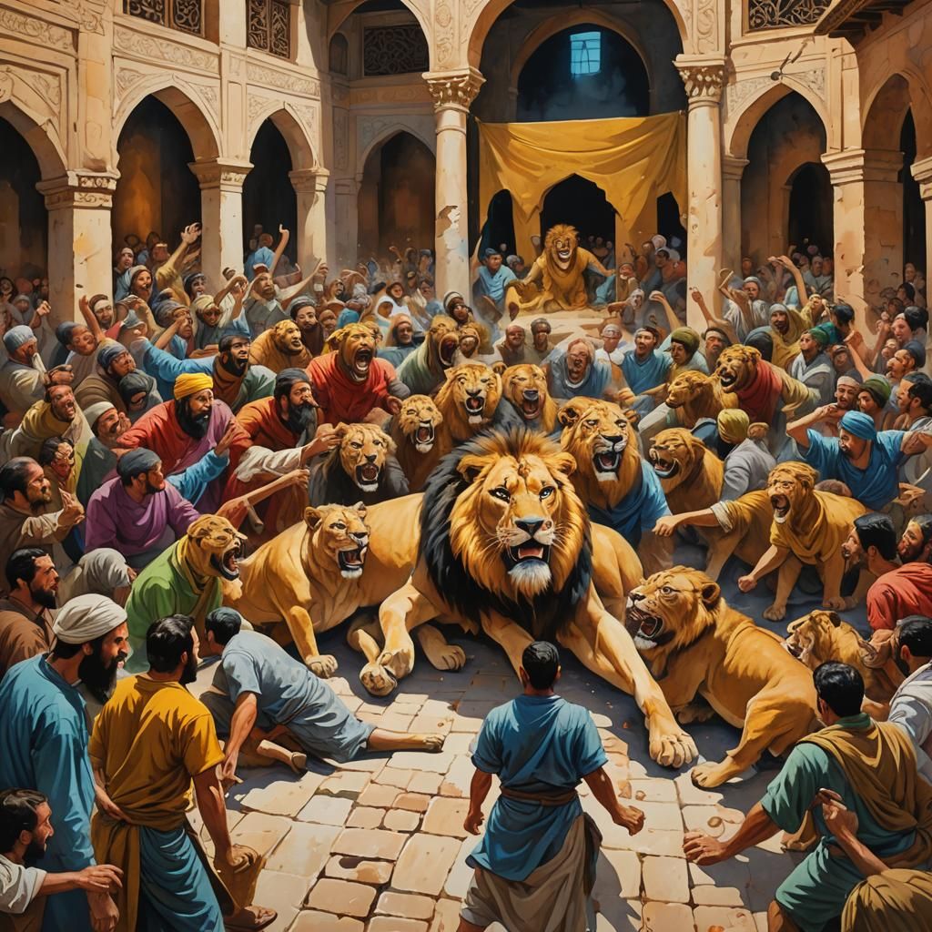 Lions Devouring Accusers: Impasto Gouache Masterpiece