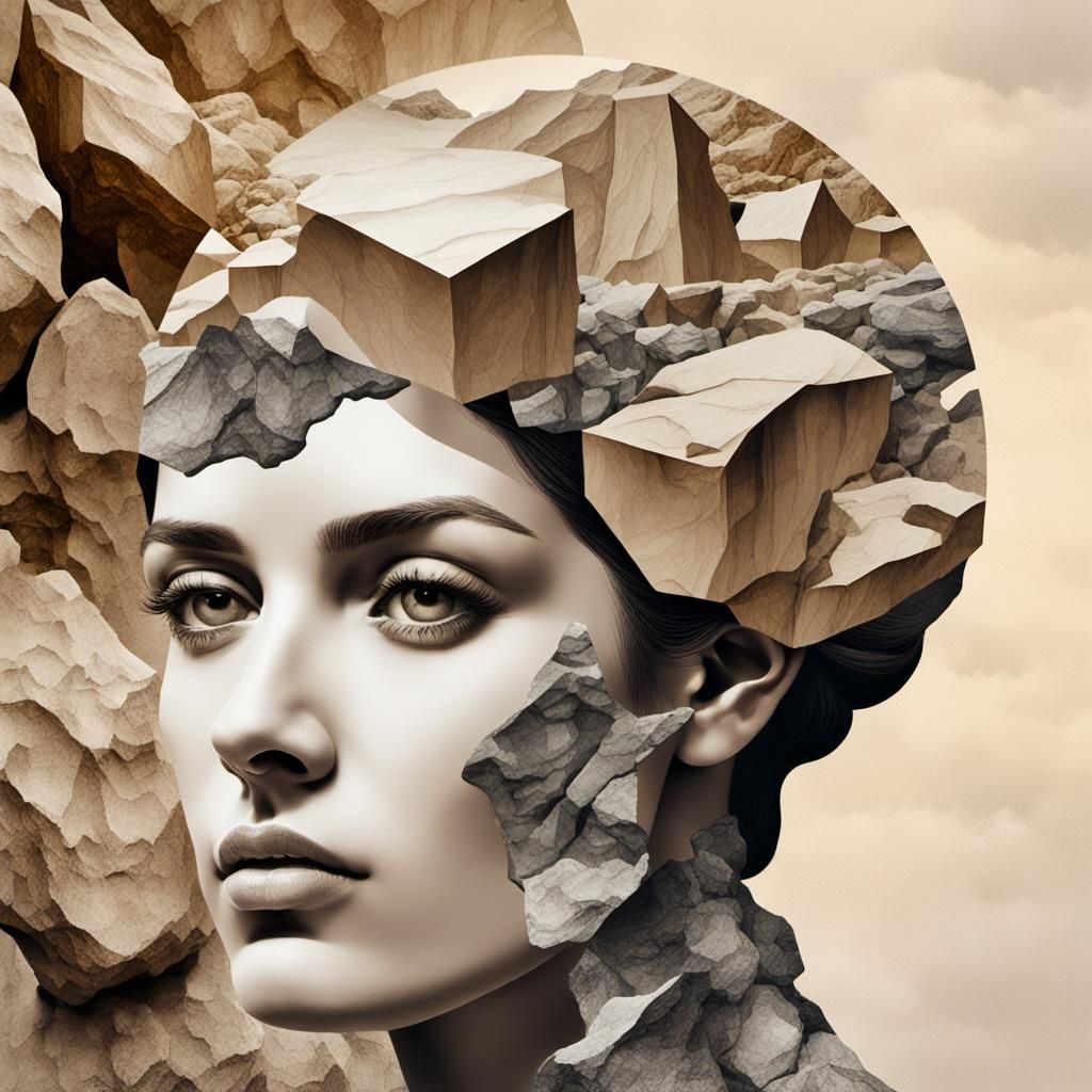 Epic Rock Portrait in Beige Tones, Double Exposure