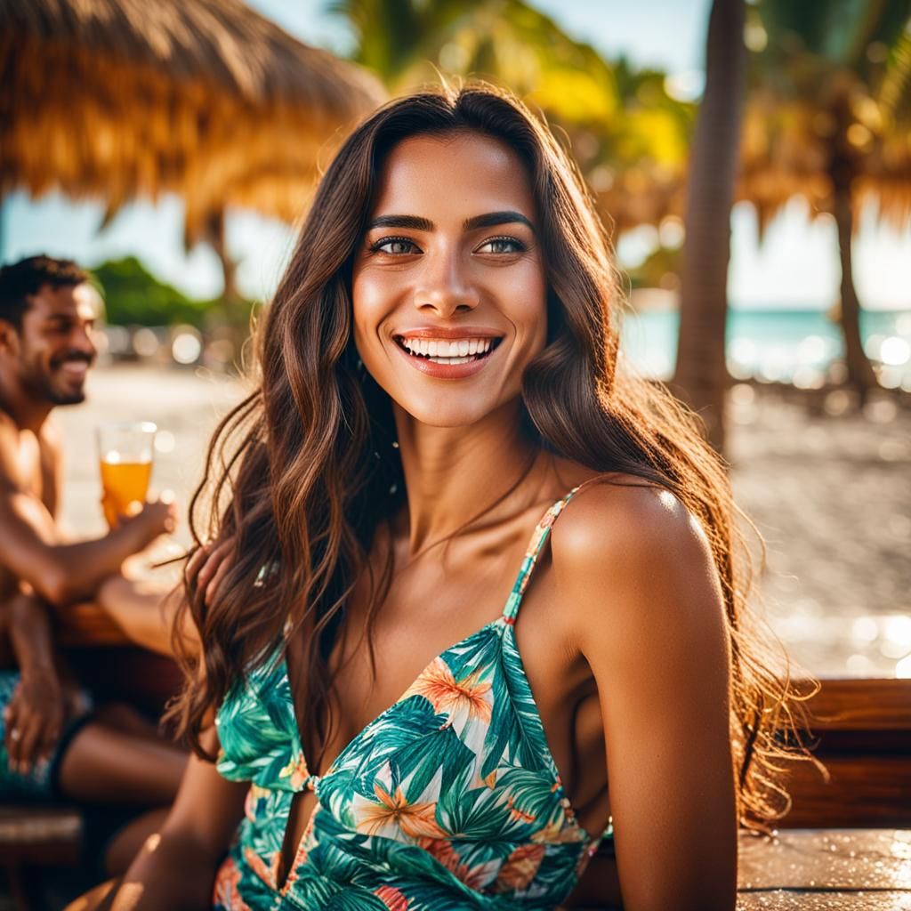 Latina Brunette at Beach Bar, Hyperrealistic Portrait