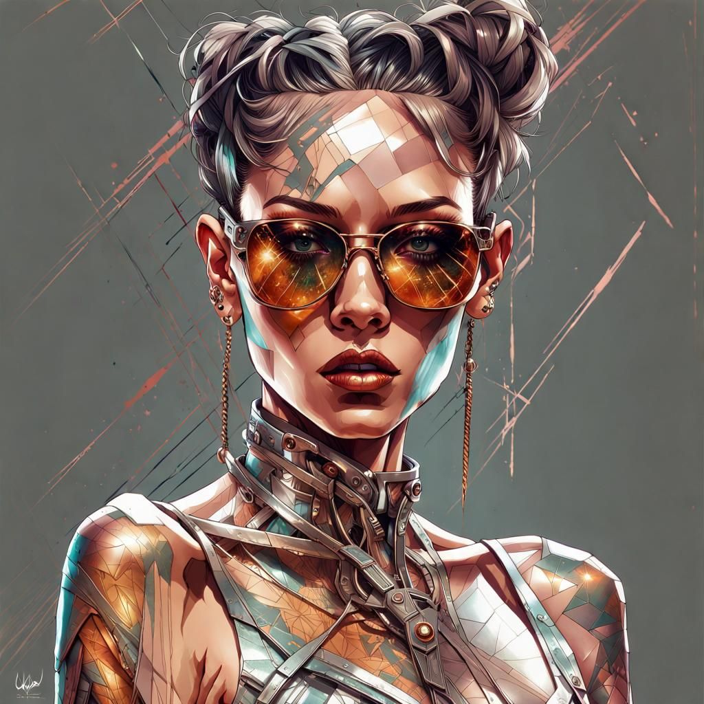 Chrome Cyberpunk Woman Portrait in Inkpunk Style