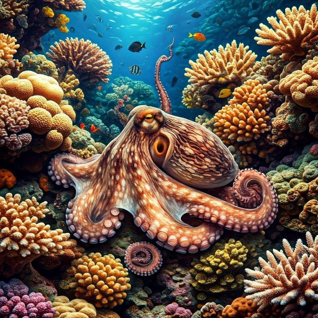 Colorful Octopus in Coral Reef, Impressionist Style