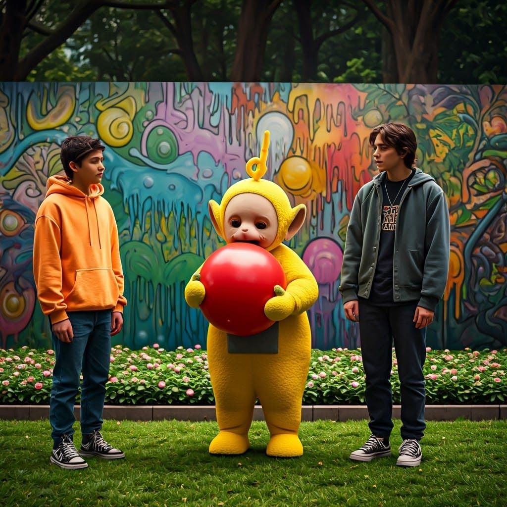 Yellow Teletubby in Melting Colorful Park Scene