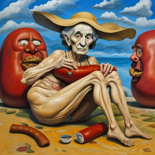Surreal Old Woman with Sausage in Expressionist Style