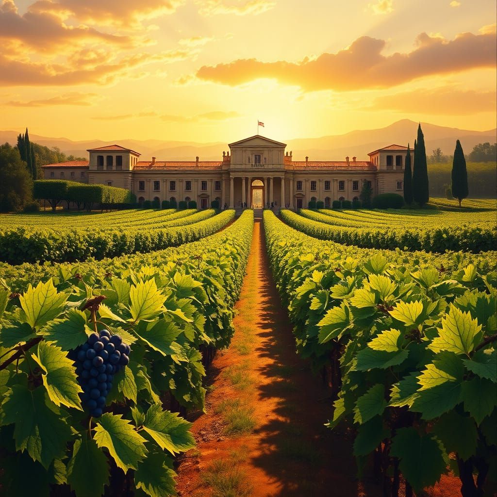 Renaissance Plantation with Vineyard in Golden Hour Oil Pain...