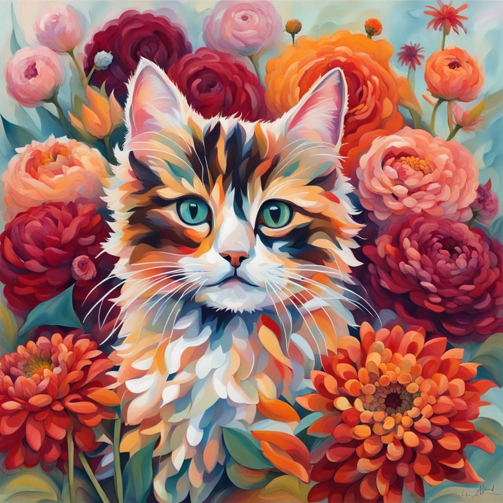 Calico Kitten in Abstract Flower Garden