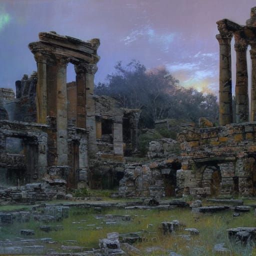 Ruins at Dusk: Oil Painting in Romantic Style