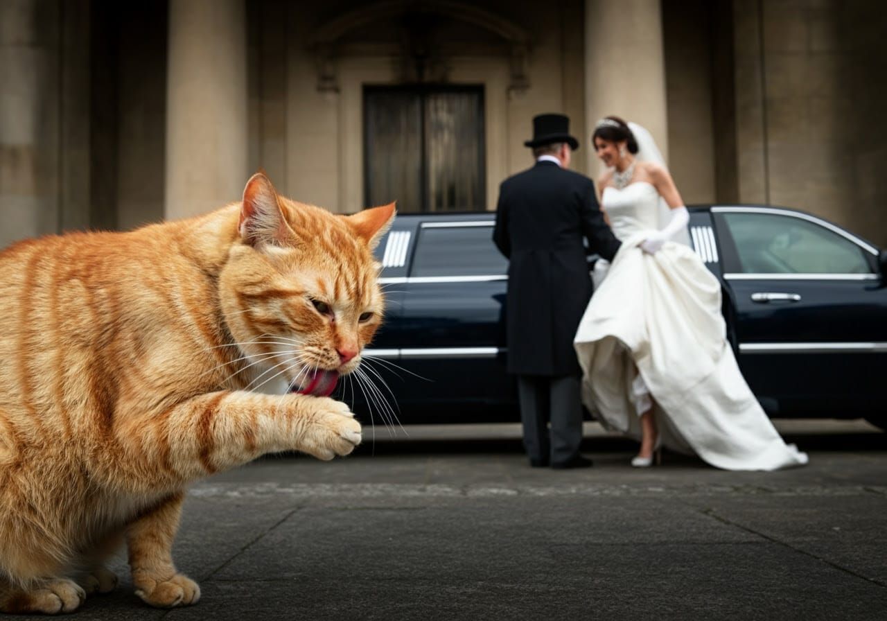 Surreal Scene of Elegant Lady and Scruffy Cat