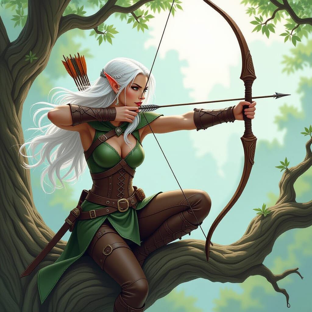 Elven Archer Aiming from Tree in Whimsical Style