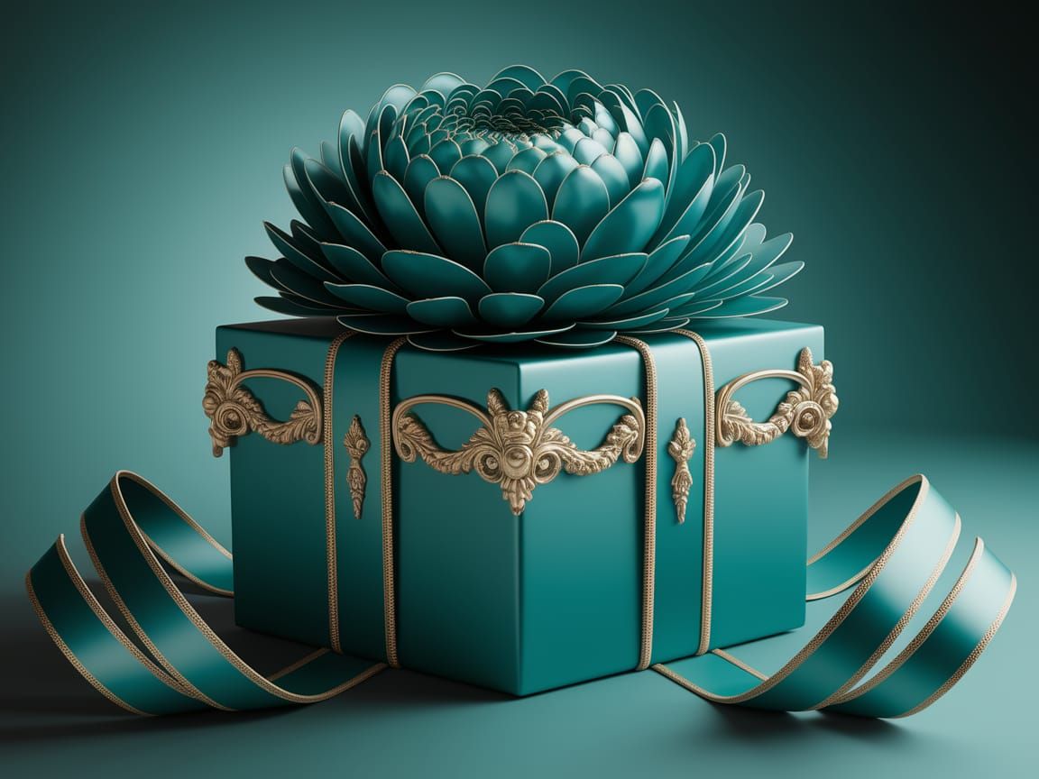 Teal Gift Box with Flower in Art Nouveau Style