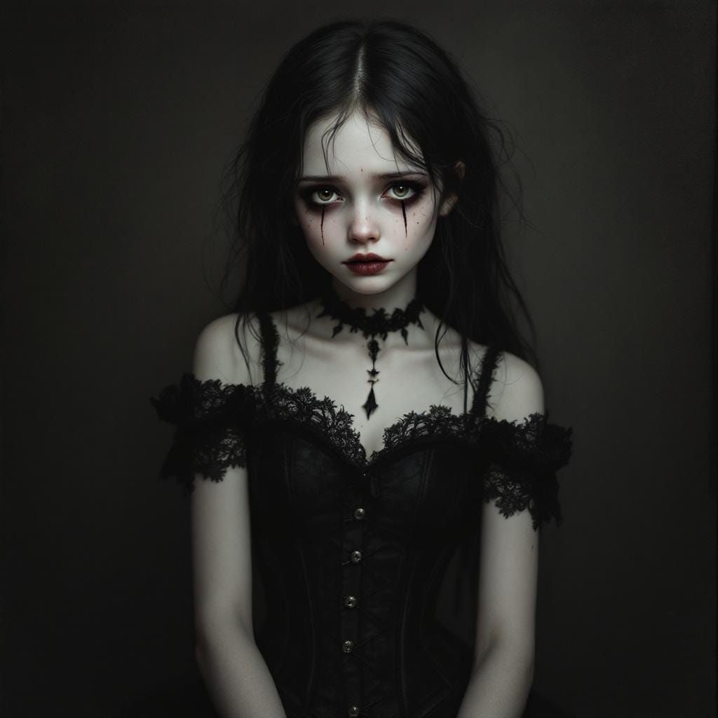 Gothic Doll Portrait in Impressionistic Grayscale Style