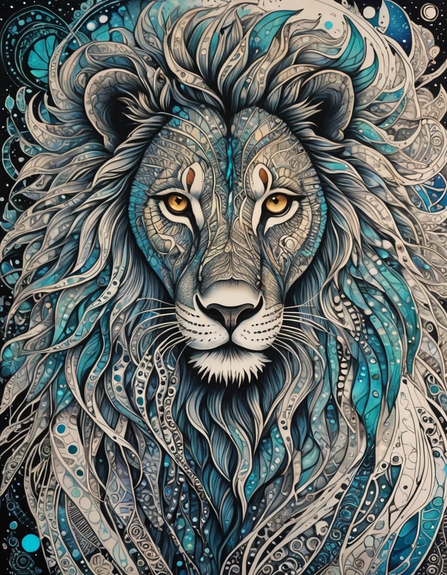 Bioluminescent Zentangle Lion in Holographic Style