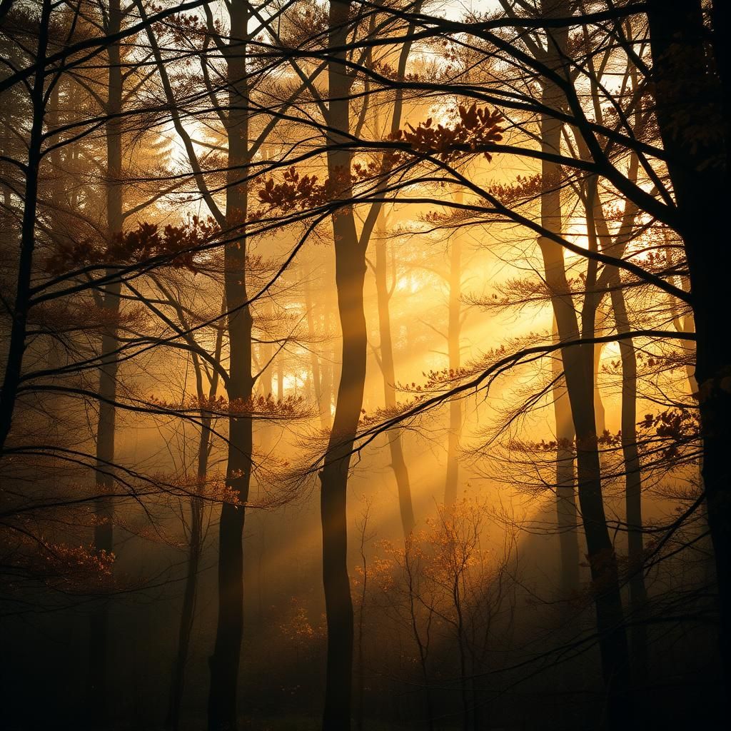 Misty Autumn Forest in Golden Light