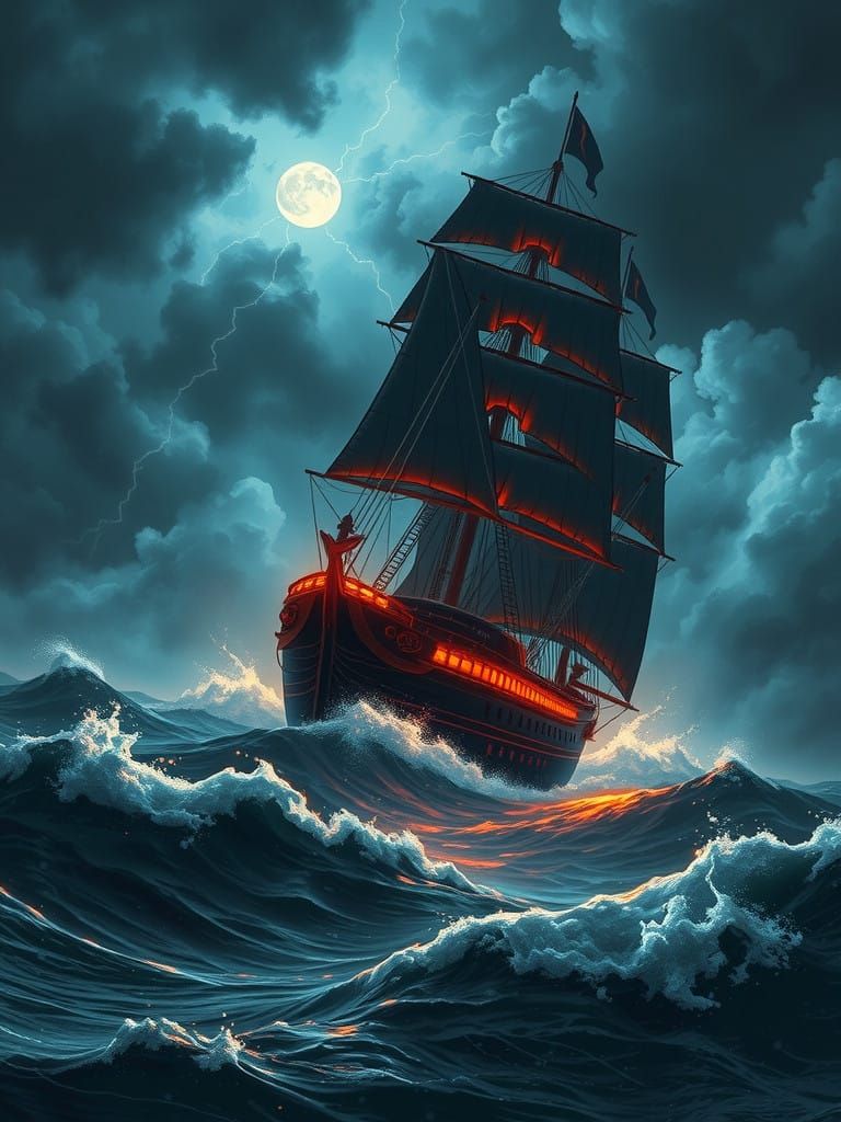Dark Maritime Epic: Stormy Night Sea with Sailing Ship and F...