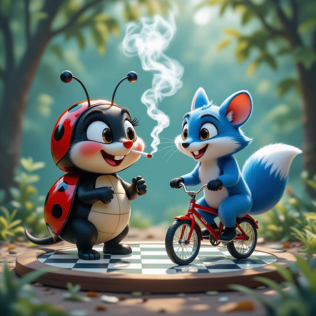 Cartoon Ladybird Smokes Beside Fox on Bicycle