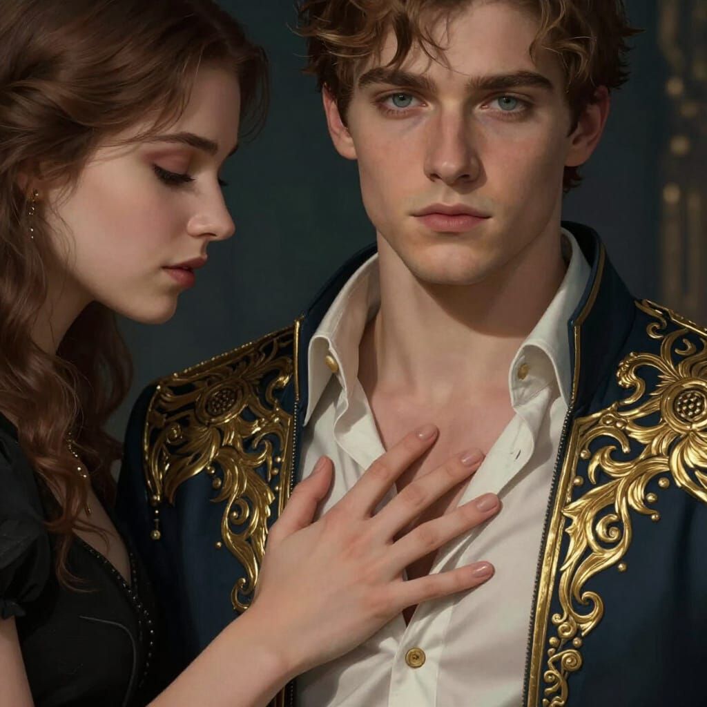 Couple Embracing with Golden Designs in Fantasy Style