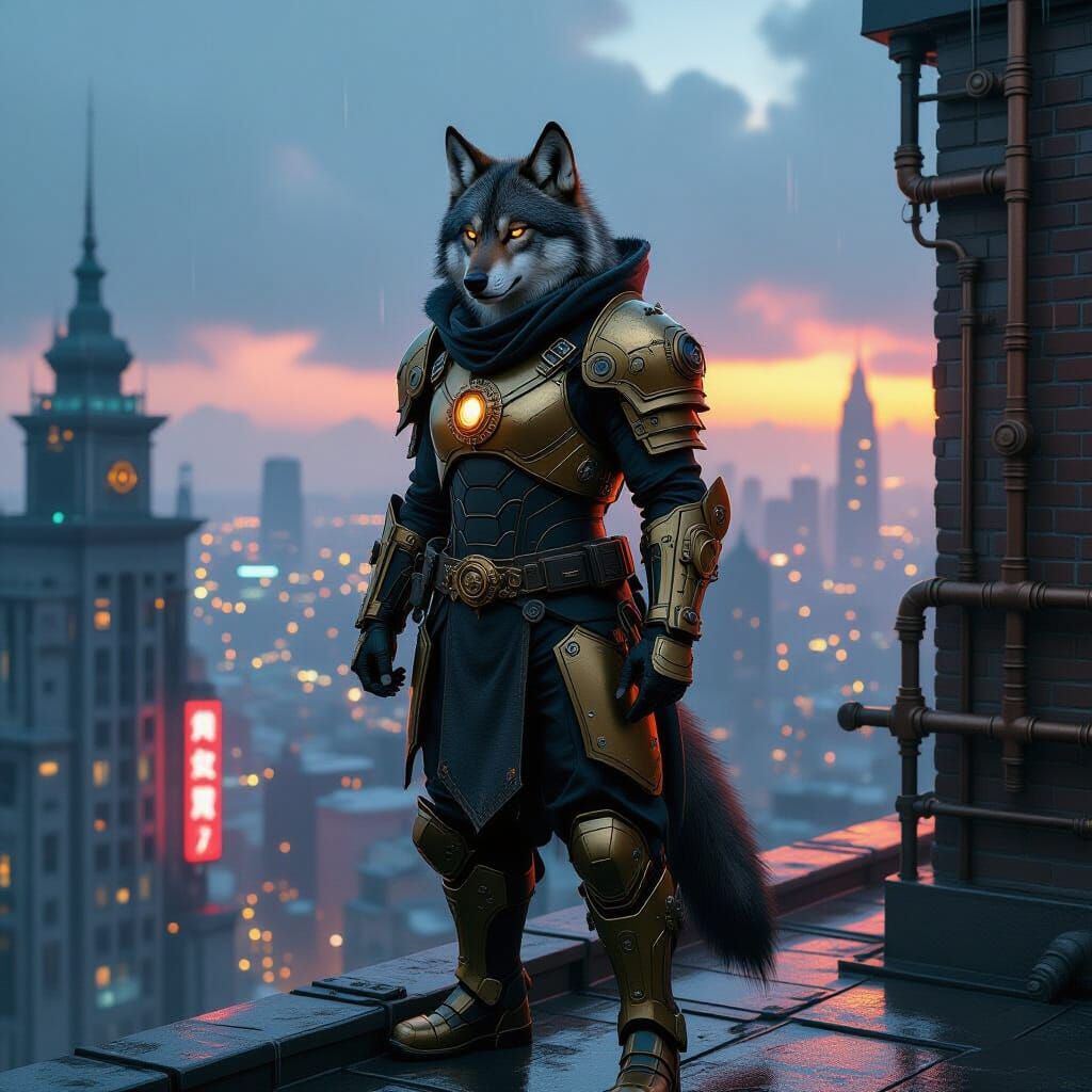 Wolf Warrior in Steampunk Armor Overlooking Cyberpunk City