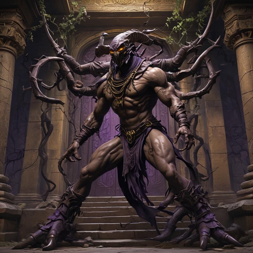 Scorpion Man Guards Temple Entrance in Dark Fantasy Art