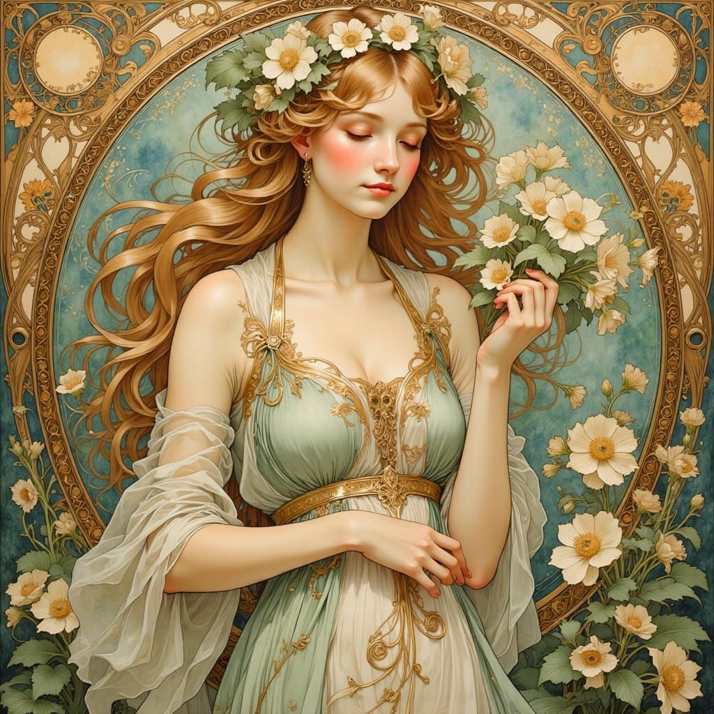Art Nouveau Woman Surrounded by Spring Flowers