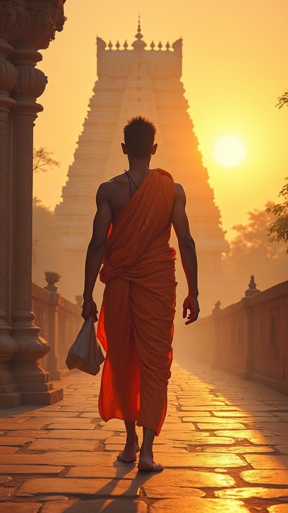 Young Hindu Saint Approaches Thanjavur Temple at Sunrise