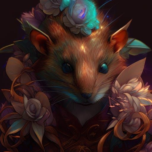 God Rat Portrait with Bluebells in Art Nouveau Style