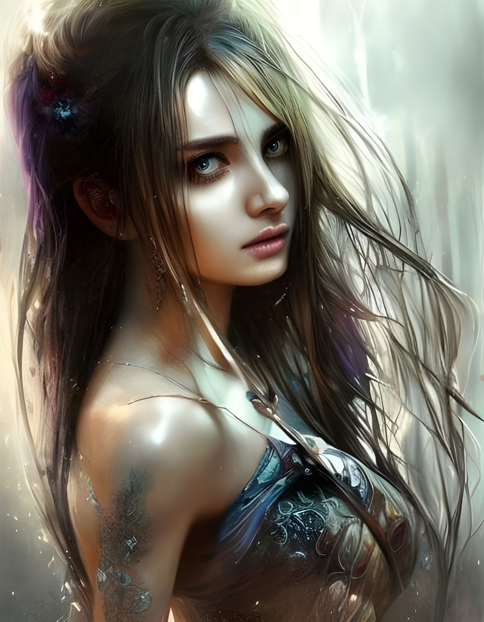 Sad Girl Portrait with Ornate Watercolor Style