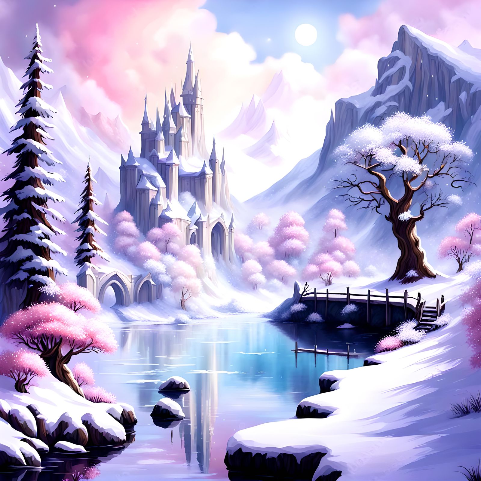 Snowy Fantasy fairy landscape, lake