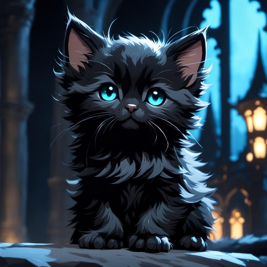 Adorable Chibi Black Kitten on Enchanted Grounds