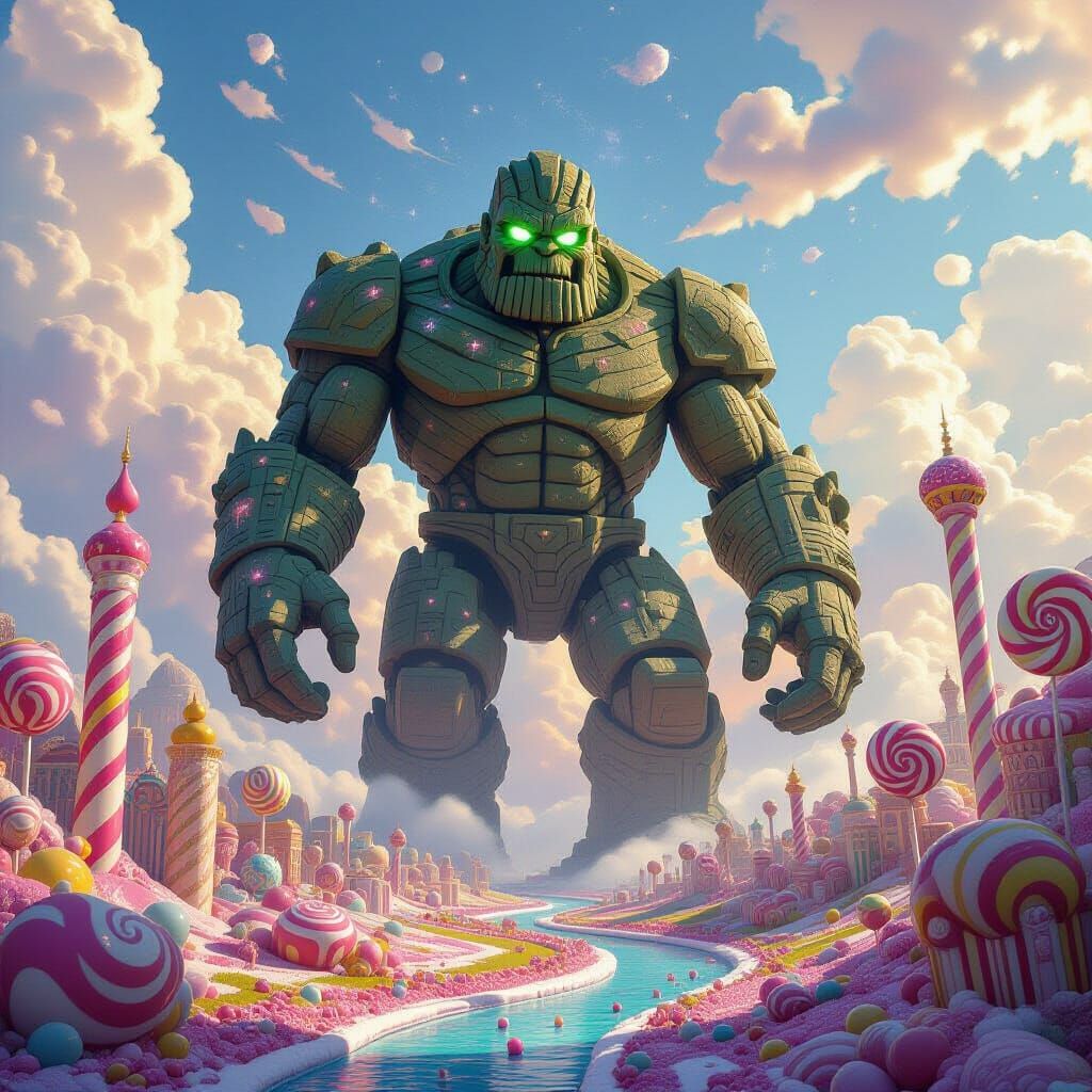 Stone Golem Awakens in Whimsical Candy Cityscape