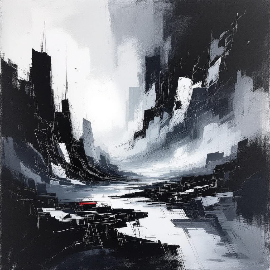 Abstract Futuristic Landscape in Black and White Ink