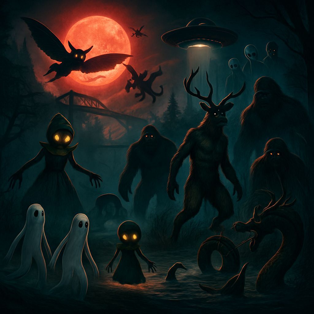 Eerie Cryptozoology Nightscape Under Blood Moon