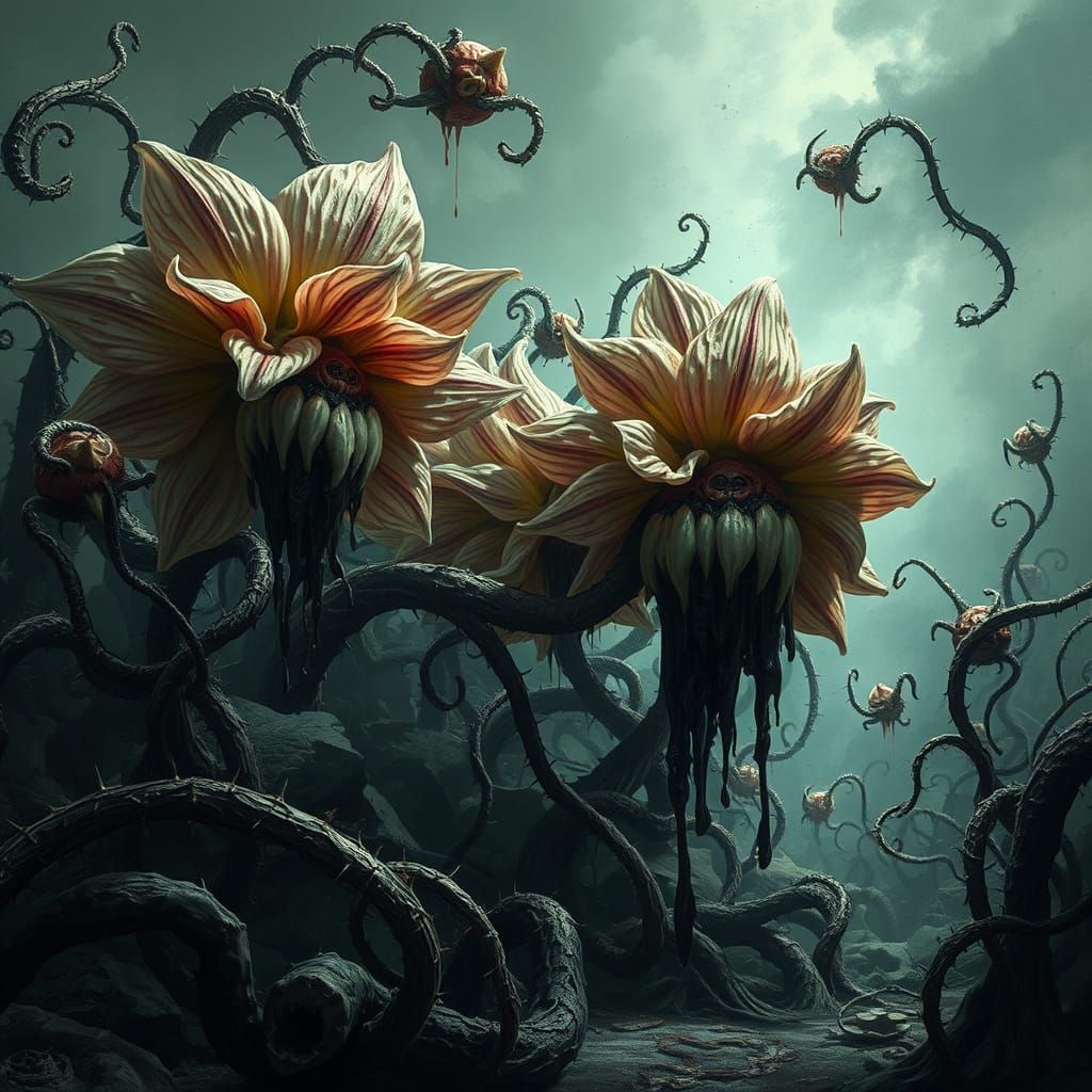 Creepy Garden: Flowers with Teeth in Hyperrealism Style