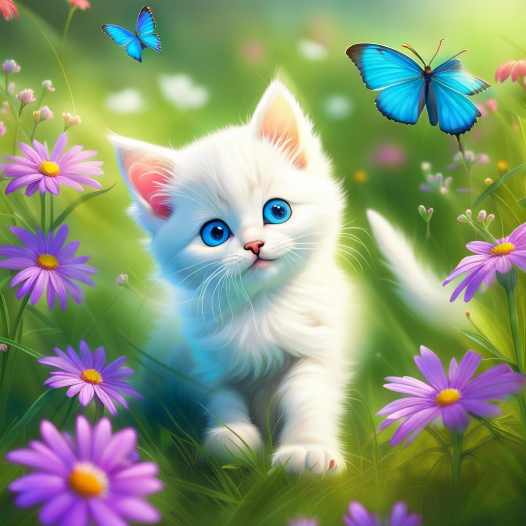 Kitten and Butterfly in Wildflower Meadow