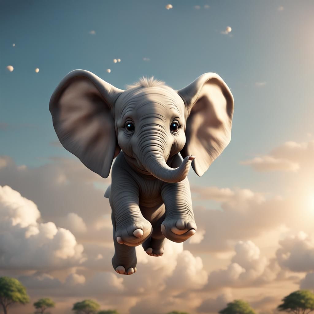 Adorable Baby Elephant Flying in the Sky