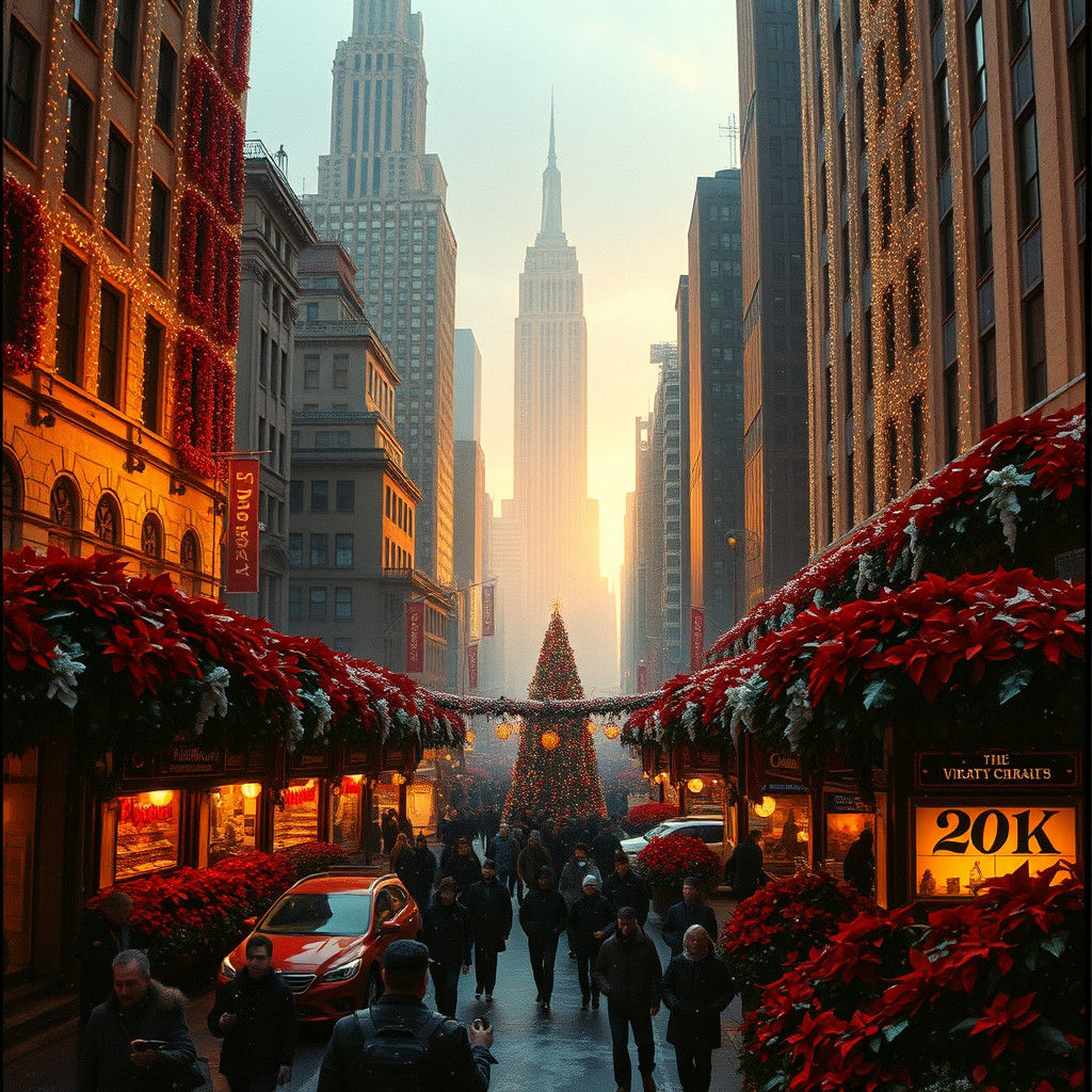 Poinsettia Metropolis at Christmas Sunset in Urban Fantasy S...