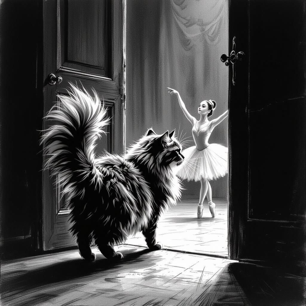 Fluffy Cat's Ballet Studio Mishap in Charcoal Drawing
