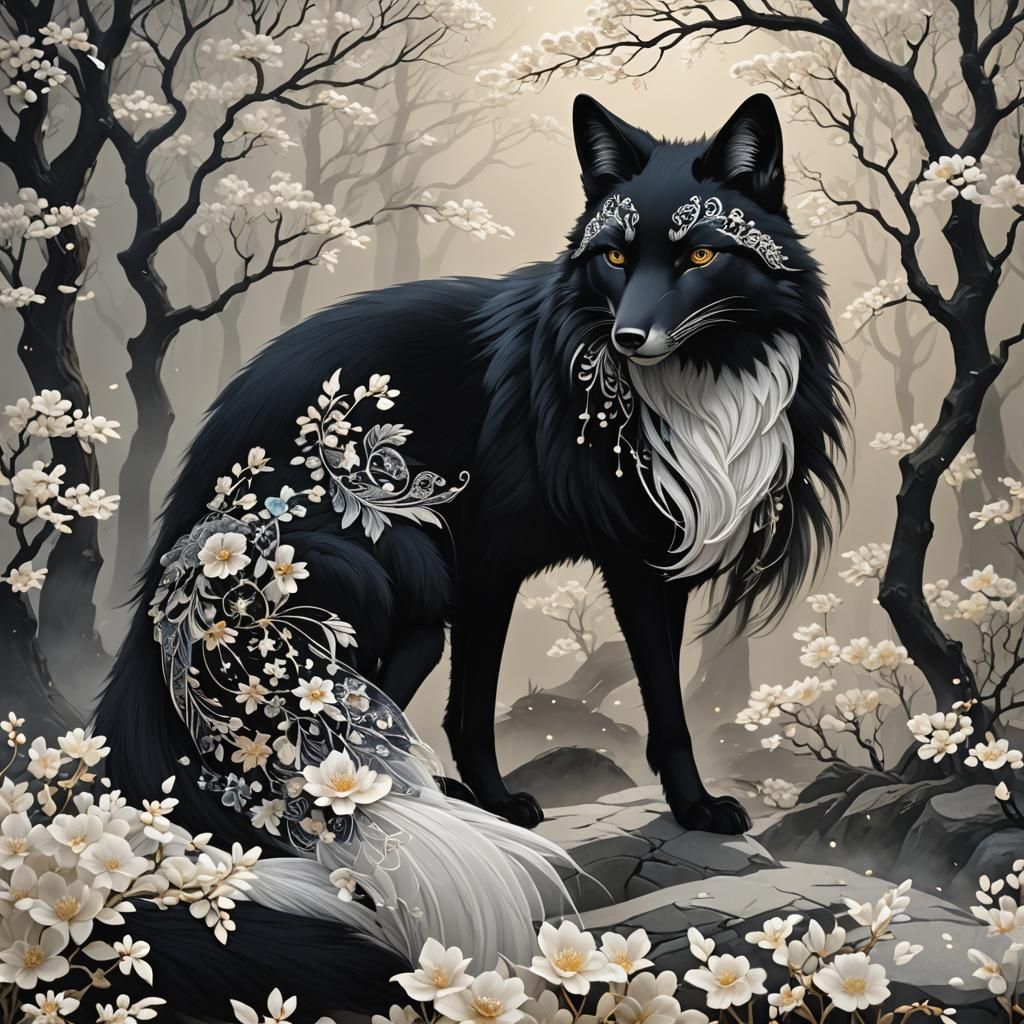 Mystical Black Fox Transformation in Surrealist Style