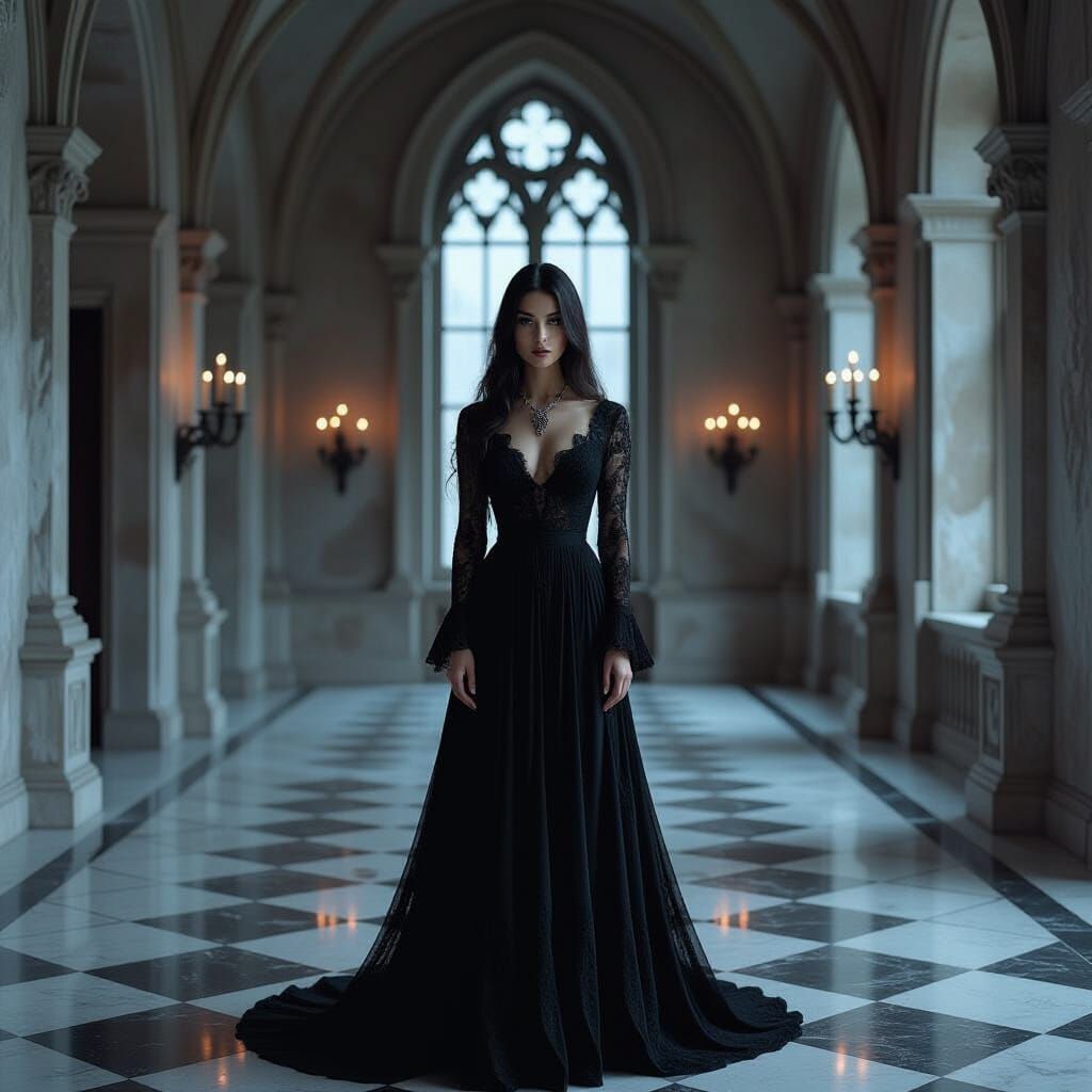 Gothic Woman in Candlelit Hall, Romantic Art