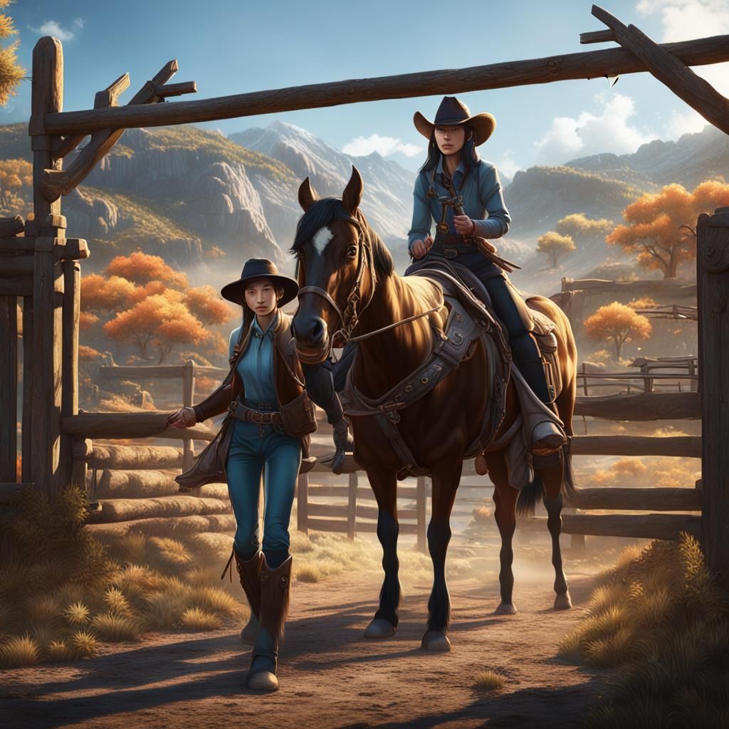 Korean cowgirl meets a teenager at the Pildu Ranch gate.