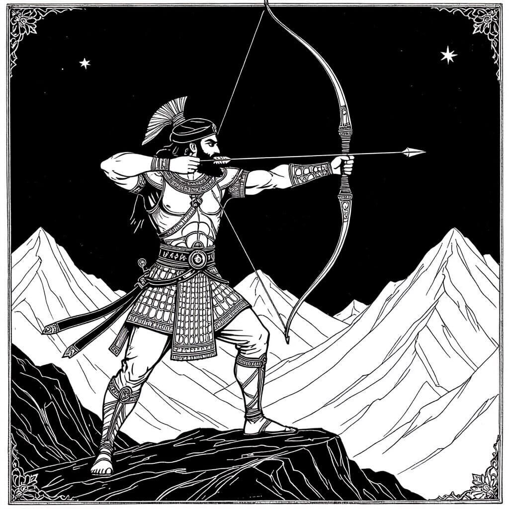 Arash the Archer in Persian Miniature Line Art Style