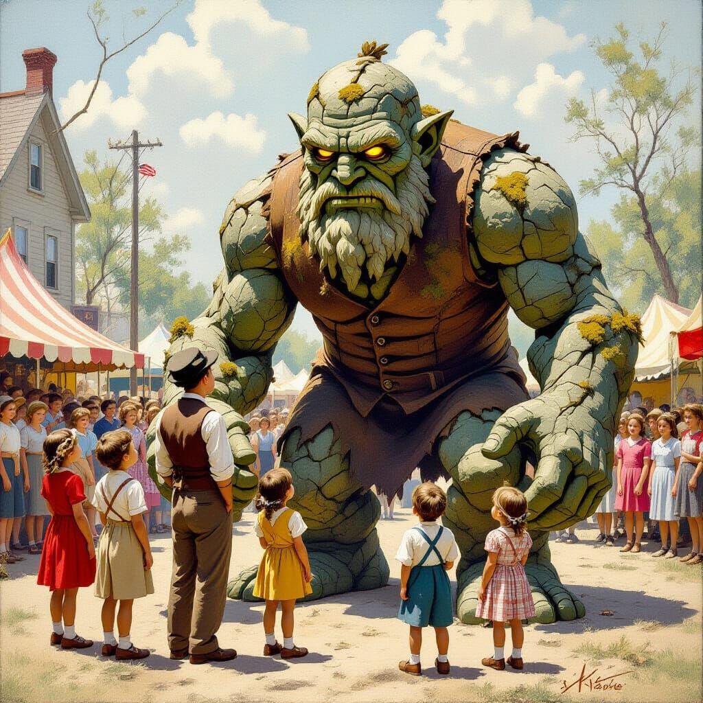 Children Gather for Storyteller at Town Fair in Norman Rockw...