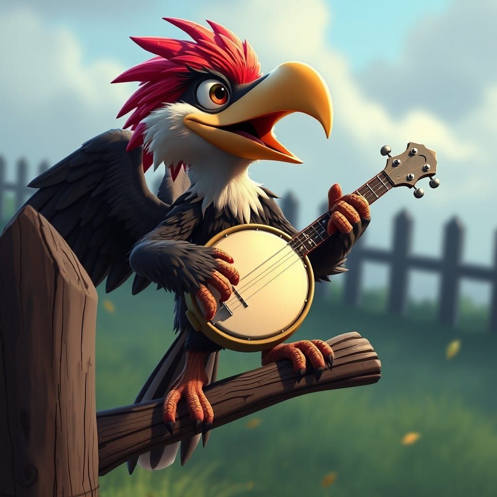 Vibrant Banjo Wielding Buzzard on a Colorful Perch